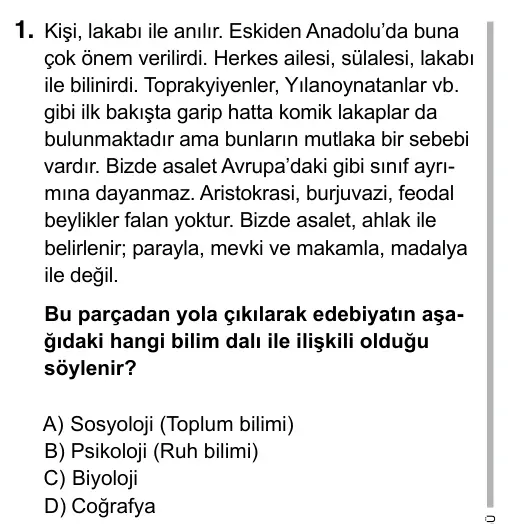 9, 10, 11. Sınıf Türk Dili ve Edebiyatı 2017 İOKBS Bursluluk Sınavı 1. Soru görseli