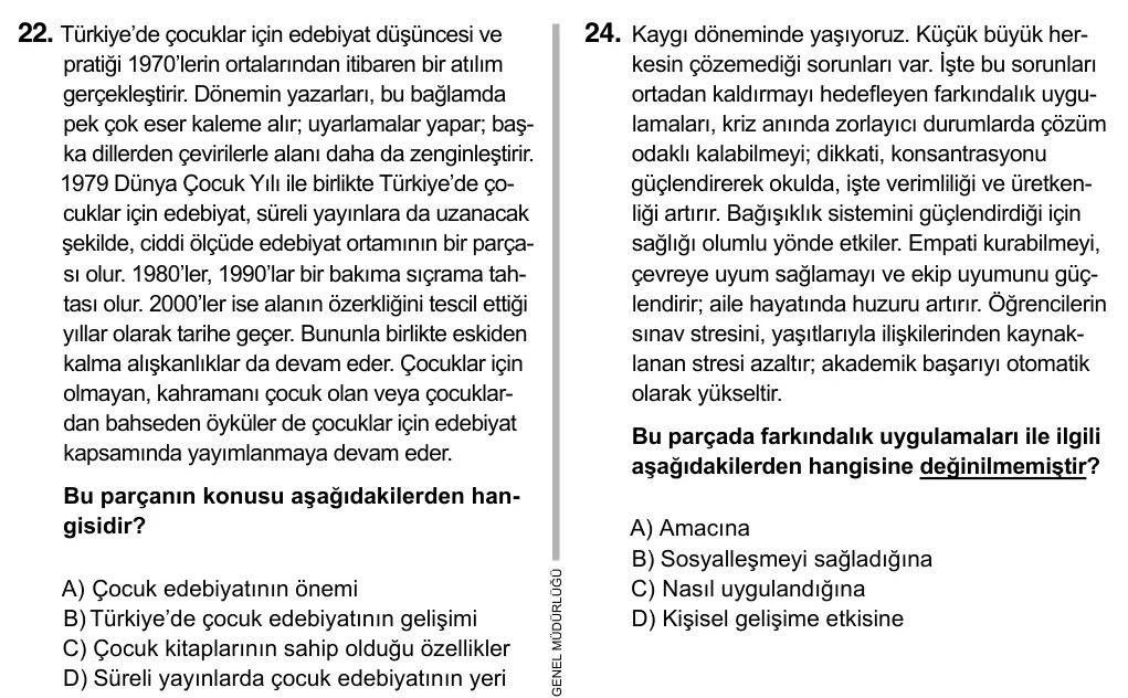 9, 10, 11. Sınıf Türk Dili ve Edebiyatı 2017 İOKBS Bursluluk Sınavı 22. Soru görseli