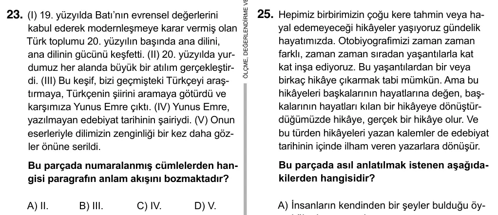 9, 10, 11. Sınıf Türk Dili ve Edebiyatı 2017 İOKBS Bursluluk Sınavı 23. Soru görseli