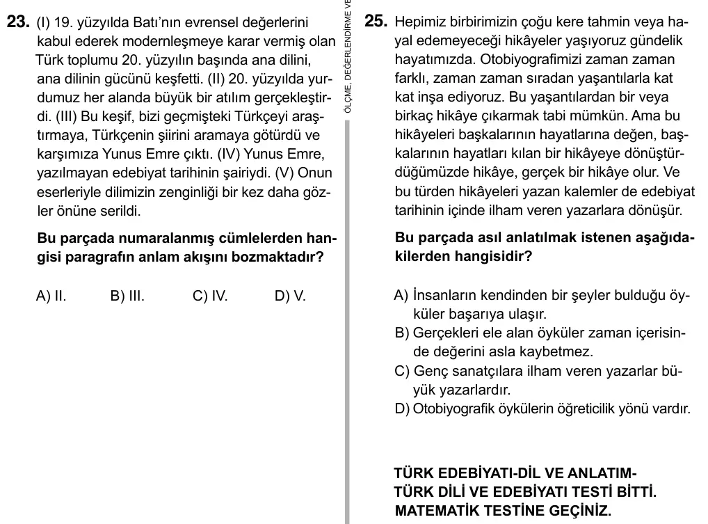 9, 10, 11. Sınıf Türk Dili ve Edebiyatı 2017 İOKBS Bursluluk Sınavı 25. Soru görseli