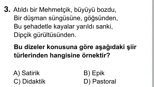 9, 10, 11. Sınıf Türk Dili ve Edebiyatı 2017 İOKBS Bursluluk Sınavı 3. Soru görseli