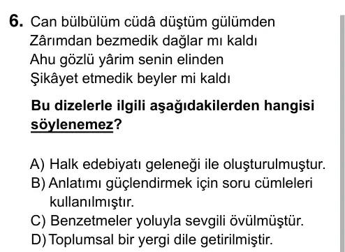 9, 10, 11. Sınıf Türk Dili ve Edebiyatı 2017 İOKBS Bursluluk Sınavı 6. Soru görseli