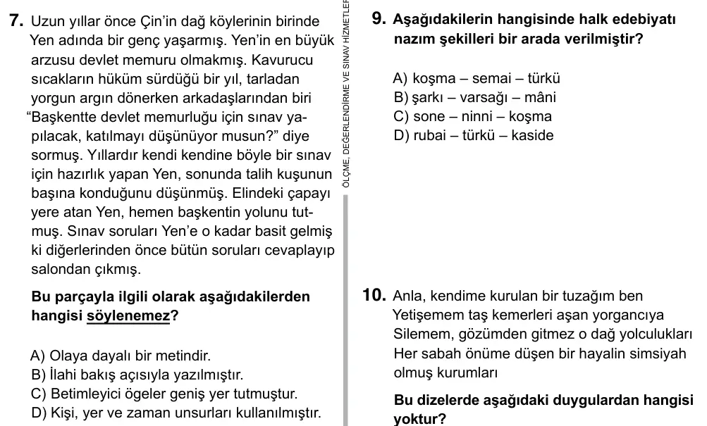 9, 10, 11. Sınıf Türk Dili ve Edebiyatı 2017 İOKBS Bursluluk Sınavı 7. Soru görseli
