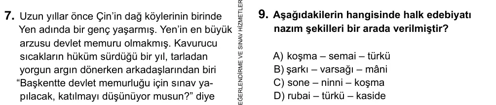 9, 10, 11. Sınıf Türk Dili ve Edebiyatı 2017 İOKBS Bursluluk Sınavı 9. Soru görseli