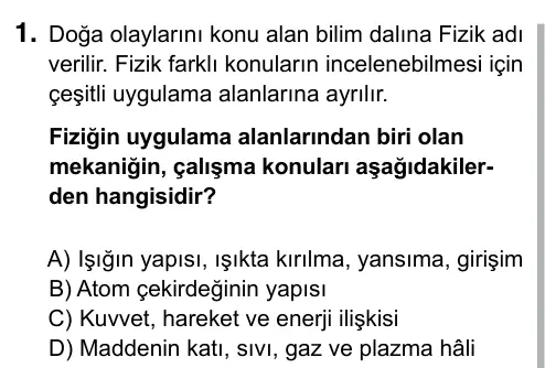 9, 10, 11. Sınıf Fen Bilimleri 2017 İOKBS Bursluluk Sınavı 1. Soru görseli