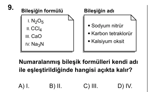 9, 10, 11. Sınıf Fen Bilimleri 2017 İOKBS Bursluluk Sınavı 9. Soru görseli