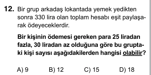 9, 10, 11. Sınıf Matematik 2017 İOKBS Bursluluk Sınavı 12. Soru görseli