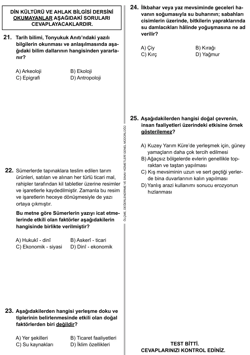 9, 10, 11. Sınıf Sosyal Bilgiler 2017 İOKBS Bursluluk Sınavı 25. Soru görseli (2/3)