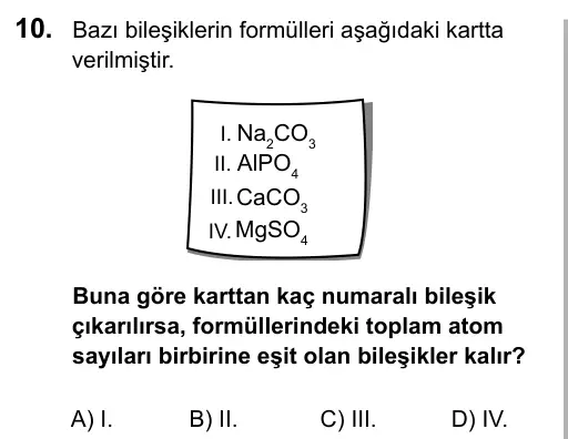 Hazırlık Sınıfı Fen Bilimleri 2017 İOKBS Bursluluk Sınavı 10. Soru görseli