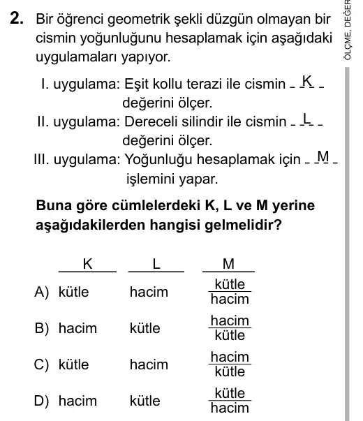 Hazırlık Sınıfı Fen Bilimleri 2017 İOKBS Bursluluk Sınavı 2. Soru görseli