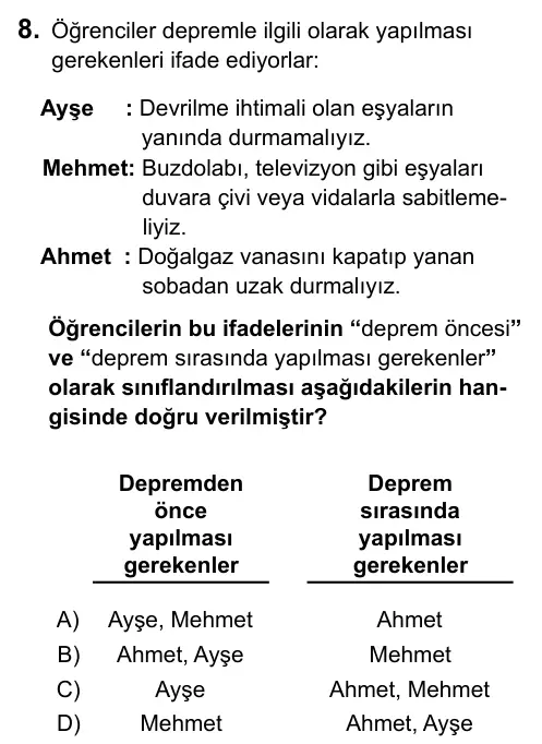 Hazırlık Sınıfı Fen Bilimleri 2017 İOKBS Bursluluk Sınavı 8. Soru görseli