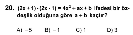 Hazırlık Sınıfı Matematik 2017 İOKBS Bursluluk Sınavı 20. Soru görseli