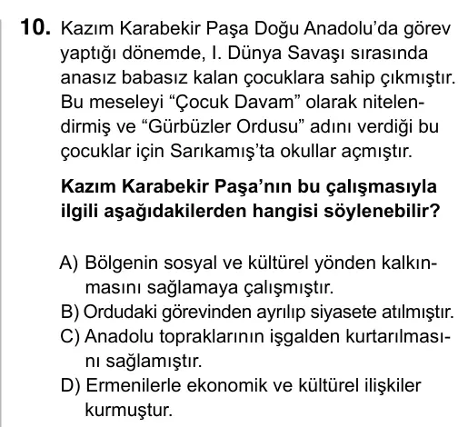 Hazırlık Sınıfı Sosyal Bilgiler 2017 İOKBS Bursluluk Sınavı 10. Soru görseli