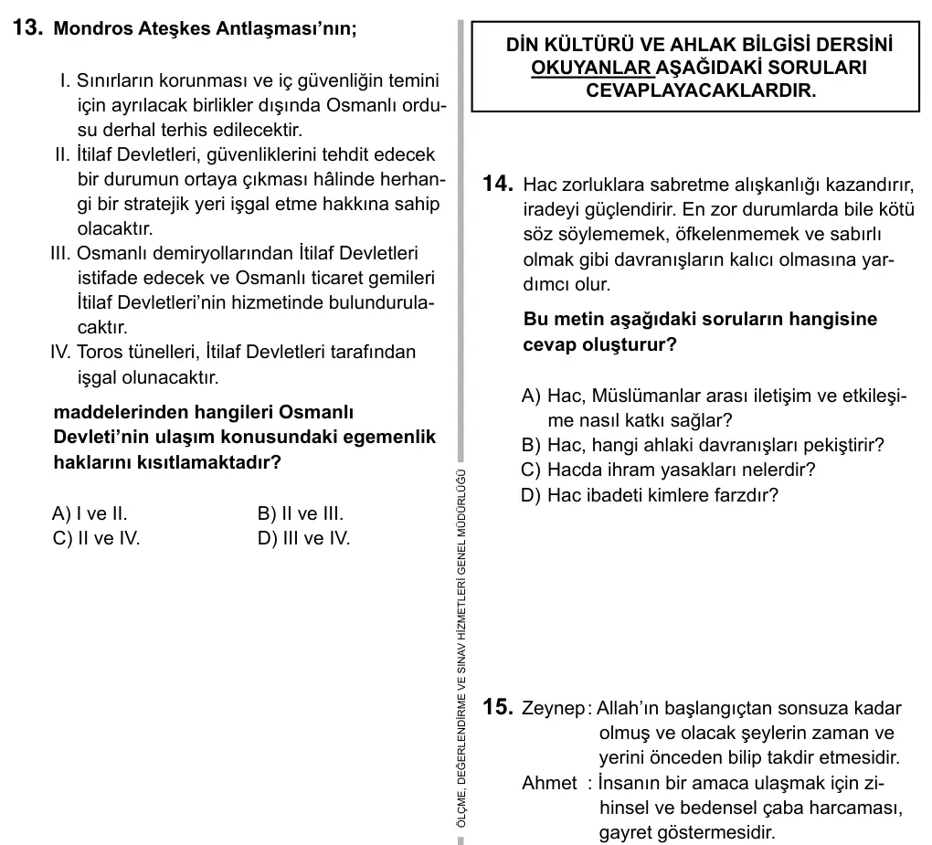 Hazırlık Sınıfı Sosyal Bilgiler 2017 İOKBS Bursluluk Sınavı 13. Soru görseli