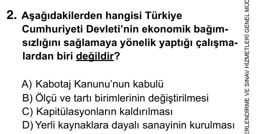 Hazırlık Sınıfı Sosyal Bilgiler 2017 İOKBS Bursluluk Sınavı 2. Soru görseli