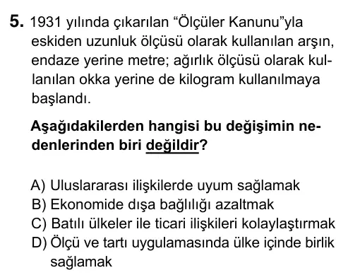 Hazırlık Sınıfı Sosyal Bilgiler 2017 İOKBS Bursluluk Sınavı 5. Soru görseli