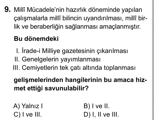 Hazırlık Sınıfı Sosyal Bilgiler 2017 İOKBS Bursluluk Sınavı 9. Soru görseli
