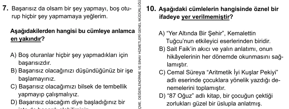 Hazırlık Sınıfı Türkçe 2017 İOKBS Bursluluk Sınavı 10. Soru görseli