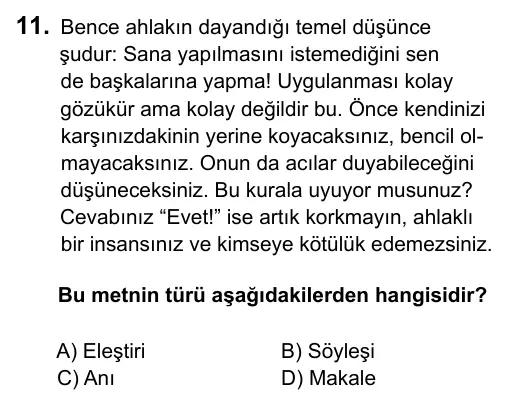 Hazırlık Sınıfı Türkçe 2017 İOKBS Bursluluk Sınavı 11. Soru görseli