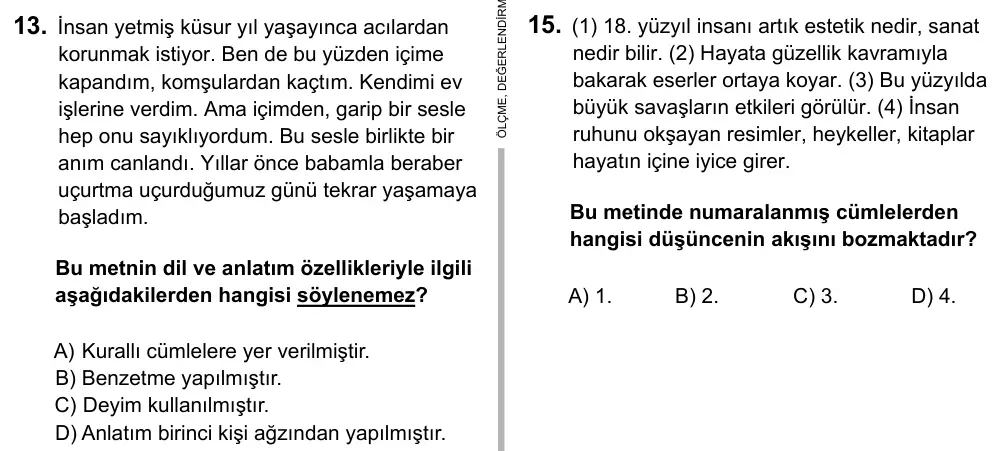 Hazırlık Sınıfı Türkçe 2017 İOKBS Bursluluk Sınavı 13. Soru görseli