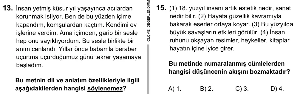 Hazırlık Sınıfı Türkçe 2017 İOKBS Bursluluk Sınavı 15. Soru görseli
