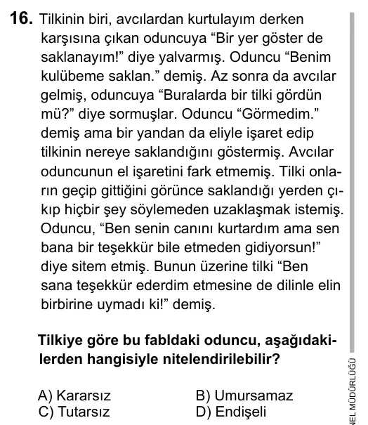 Hazırlık Sınıfı Türkçe 2017 İOKBS Bursluluk Sınavı 16. Soru görseli