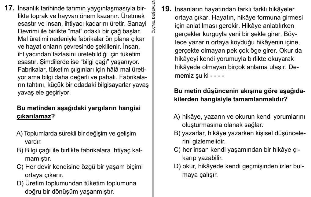 Hazırlık Sınıfı Türkçe 2017 İOKBS Bursluluk Sınavı 17. Soru görseli