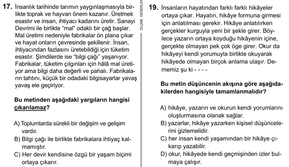 Hazırlık Sınıfı Türkçe 2017 İOKBS Bursluluk Sınavı 19. Soru görseli