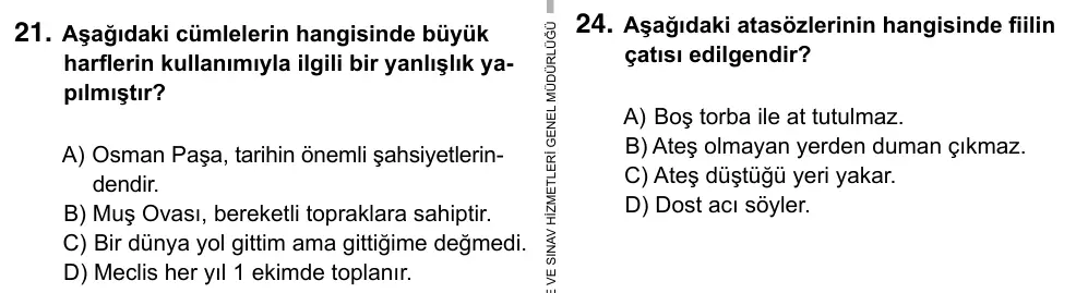 Hazırlık Sınıfı Türkçe 2017 İOKBS Bursluluk Sınavı 21. Soru görseli