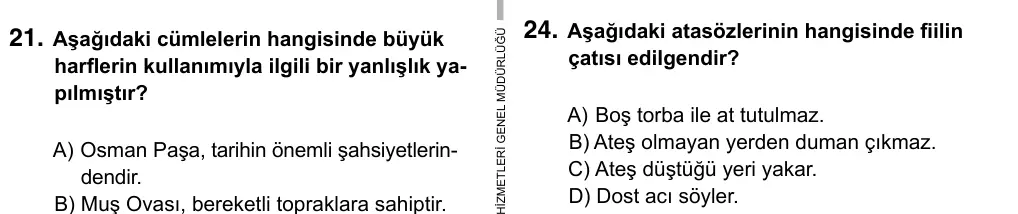Hazırlık Sınıfı Türkçe 2017 İOKBS Bursluluk Sınavı 24. Soru görseli