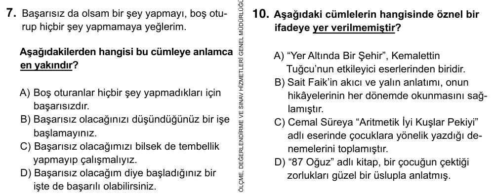Hazırlık Sınıfı Türkçe 2017 İOKBS Bursluluk Sınavı 7. Soru görseli