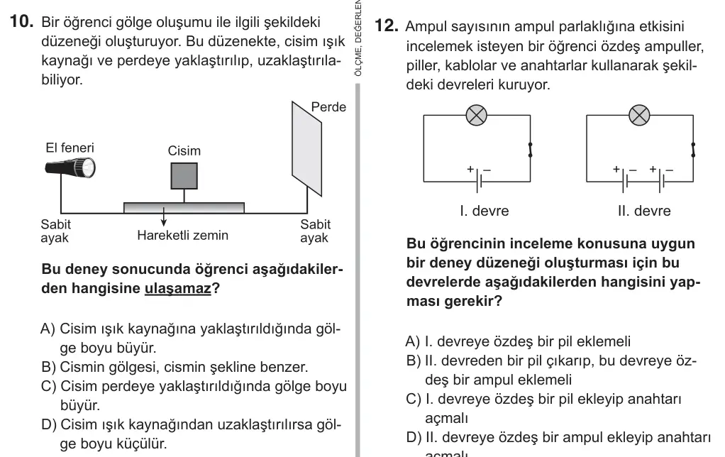 5. Sınıf Fen Bilimleri 2018 İOKBS Bursluluk Sınavı 10. Soru görseli
