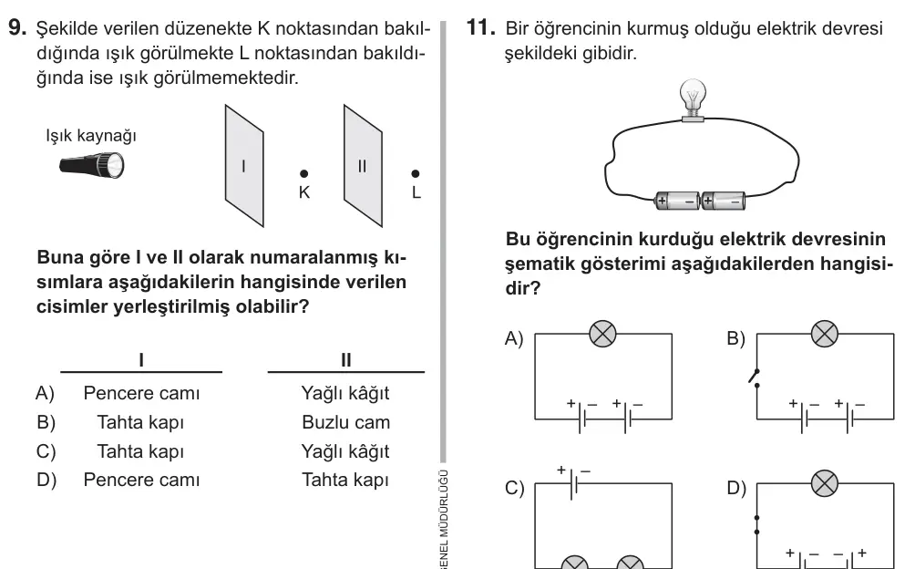 5. Sınıf Fen Bilimleri 2018 İOKBS Bursluluk Sınavı 11. Soru görseli