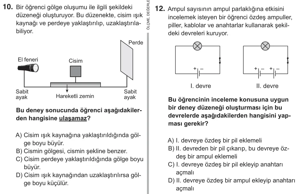 5. Sınıf Fen Bilimleri 2018 İOKBS Bursluluk Sınavı 12. Soru görseli