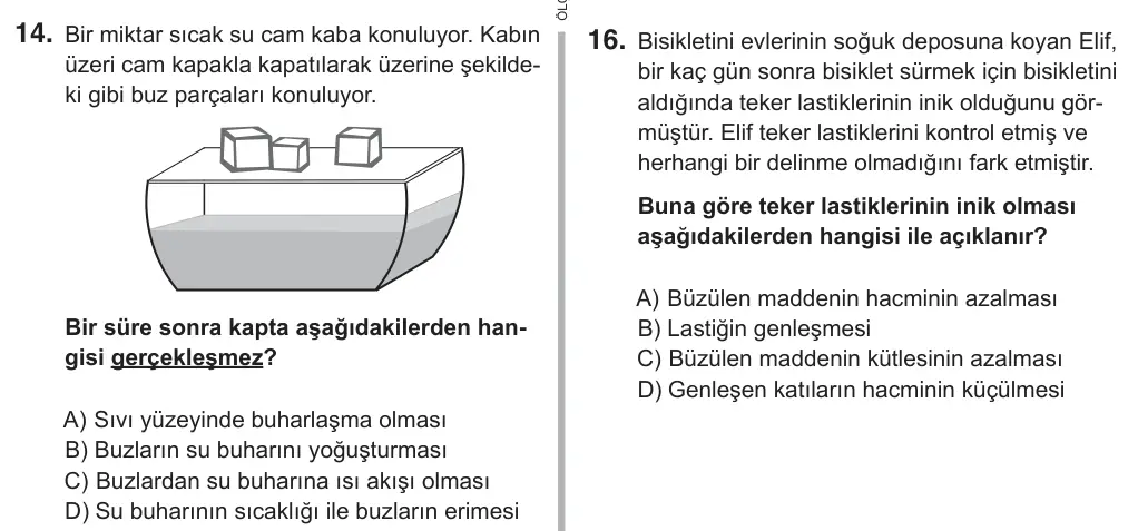 5. Sınıf Fen Bilimleri 2018 İOKBS Bursluluk Sınavı 14. Soru görseli