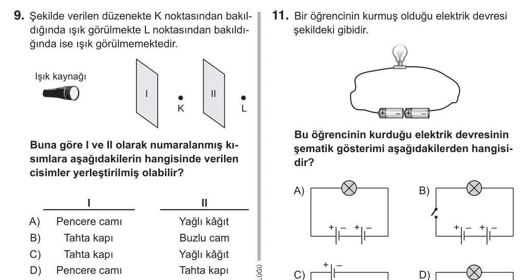 5. Sınıf Fen Bilimleri 2018 İOKBS Bursluluk Sınavı 9. Soru görseli