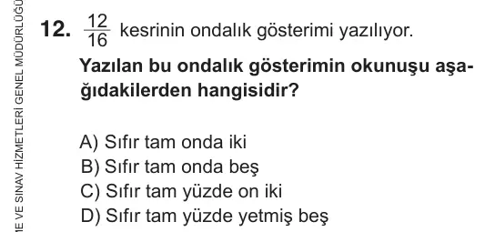 5. Sınıf Matematik 2018 İOKBS Bursluluk Sınavı 12. Soru görseli