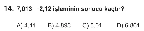 5. Sınıf Matematik 2018 İOKBS Bursluluk Sınavı 14. Soru görseli