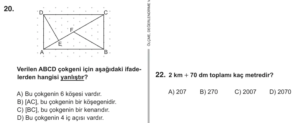 5. Sınıf Matematik 2018 İOKBS Bursluluk Sınavı 20. Soru görseli