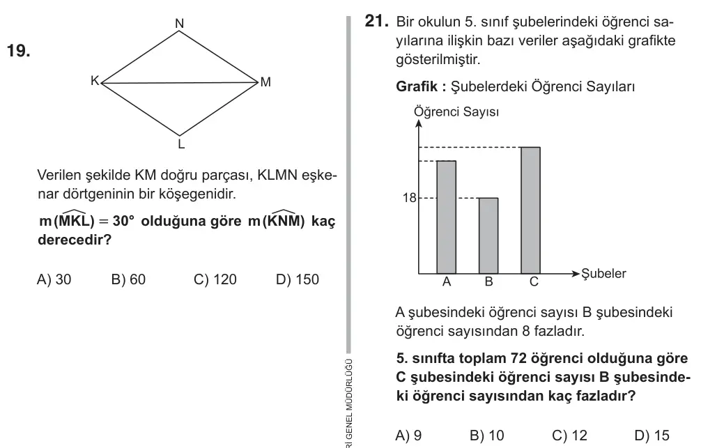 5. Sınıf Matematik 2018 İOKBS Bursluluk Sınavı 21. Soru görseli