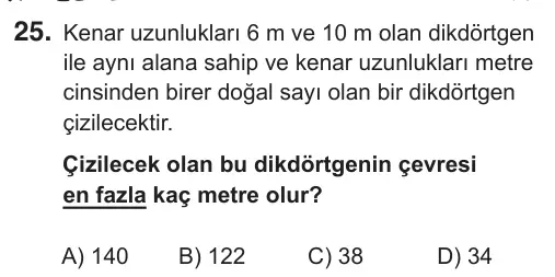 5. Sınıf Matematik 2018 İOKBS Bursluluk Sınavı 25. Soru görseli