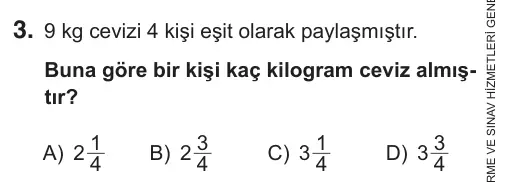 5. Sınıf Matematik 2018 İOKBS Bursluluk Sınavı 3. Soru görseli