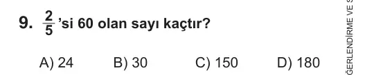 5. Sınıf Matematik 2018 İOKBS Bursluluk Sınavı 9. Soru görseli