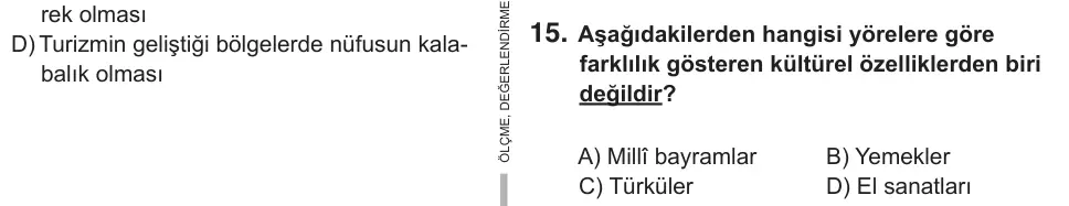 5. Sınıf Sosyal Bilgiler 2018 İOKBS Bursluluk Sınavı 15. Soru görseli