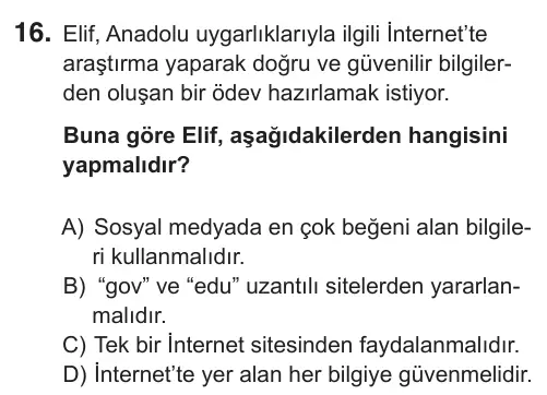 5. Sınıf Sosyal Bilgiler 2018 İOKBS Bursluluk Sınavı 16. Soru görseli