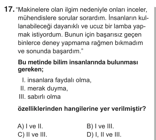 5. Sınıf Sosyal Bilgiler 2018 İOKBS Bursluluk Sınavı 17. Soru görseli