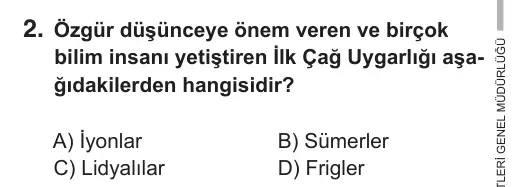 5. Sınıf Sosyal Bilgiler 2018 İOKBS Bursluluk Sınavı 2. Soru görseli