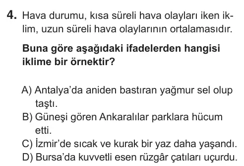 5. Sınıf Sosyal Bilgiler 2018 İOKBS Bursluluk Sınavı 4. Soru görseli