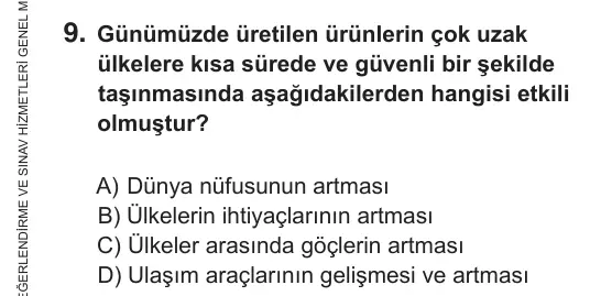 5. Sınıf Sosyal Bilgiler 2018 İOKBS Bursluluk Sınavı 9. Soru görseli