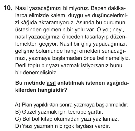 5. Sınıf Türkçe 2018 İOKBS Bursluluk Sınavı 10. Soru görseli